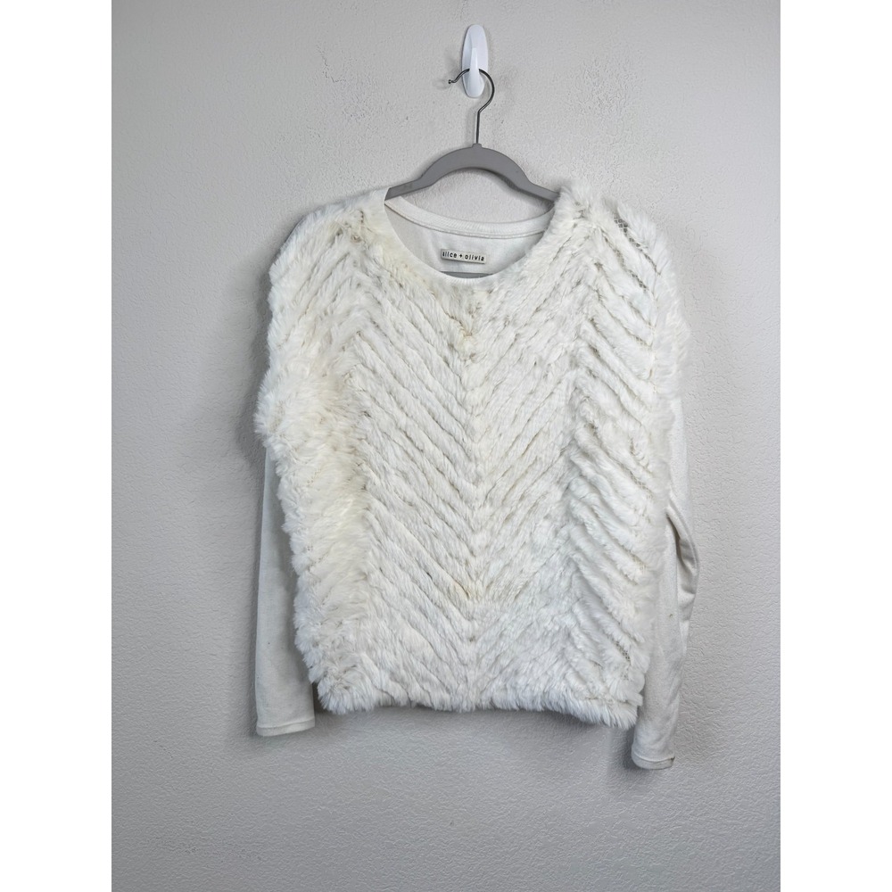 Alice + Olivia‎ White Rabbit Fur Front Sweatshirt Women's M/L Long Sleeve Cozy